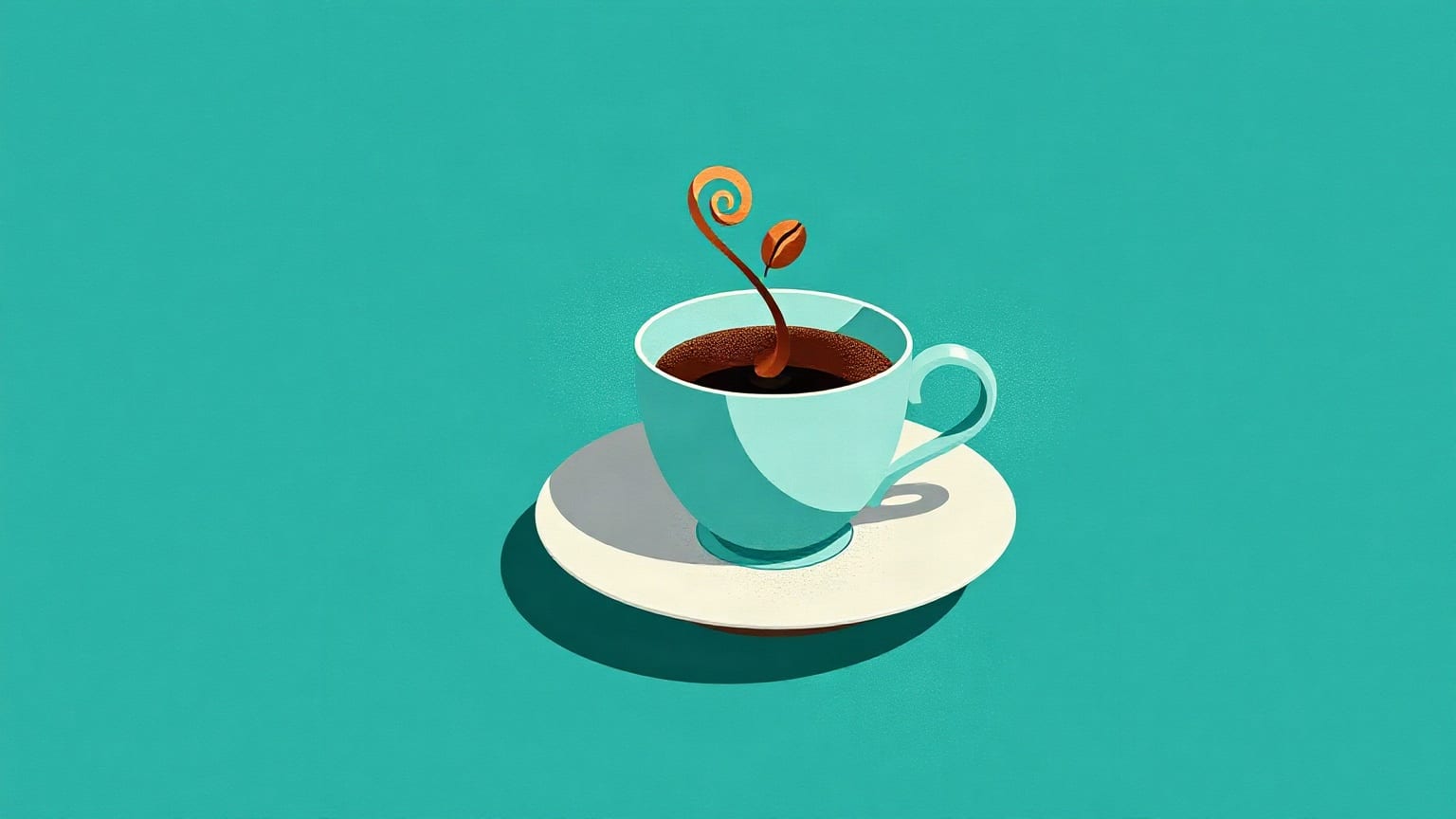 Cut-paper illustration: a cup on a saucer with a curl of steam and a single bean shape.