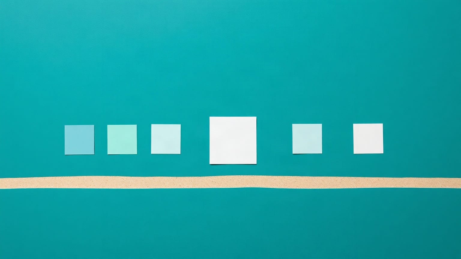 A row of small chalk-white paper squares along a level line on a deep teal ground, with one square dropped well below the line in pale aqua