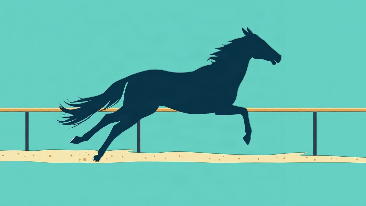 A dark horse in flat silhouette galloping past a long rail, on deep teal