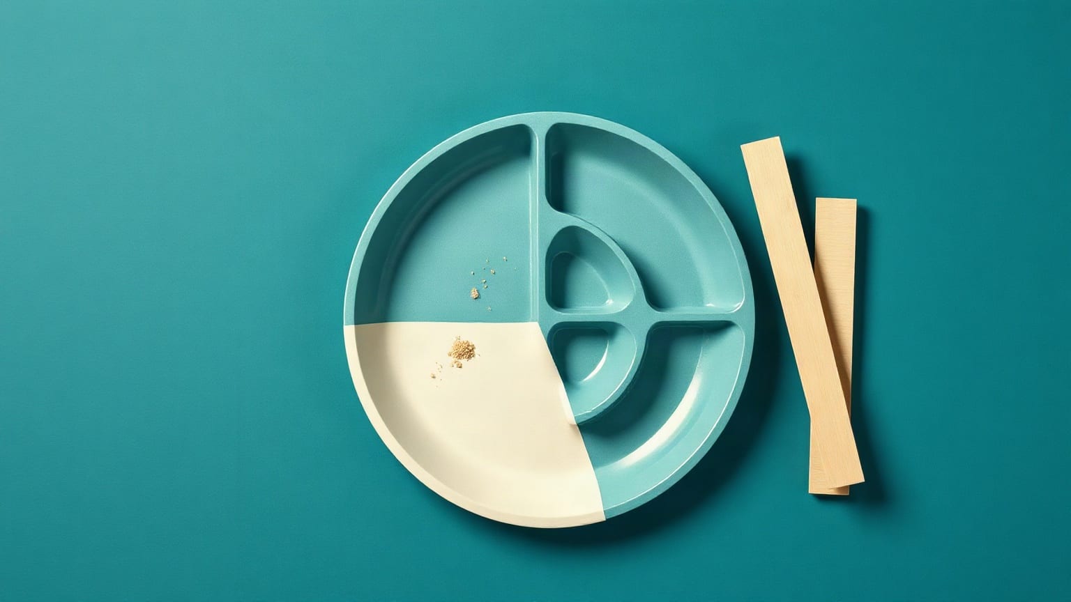 Cut-paper illustration: a round platter divided into segments with two slender bars beside it.
