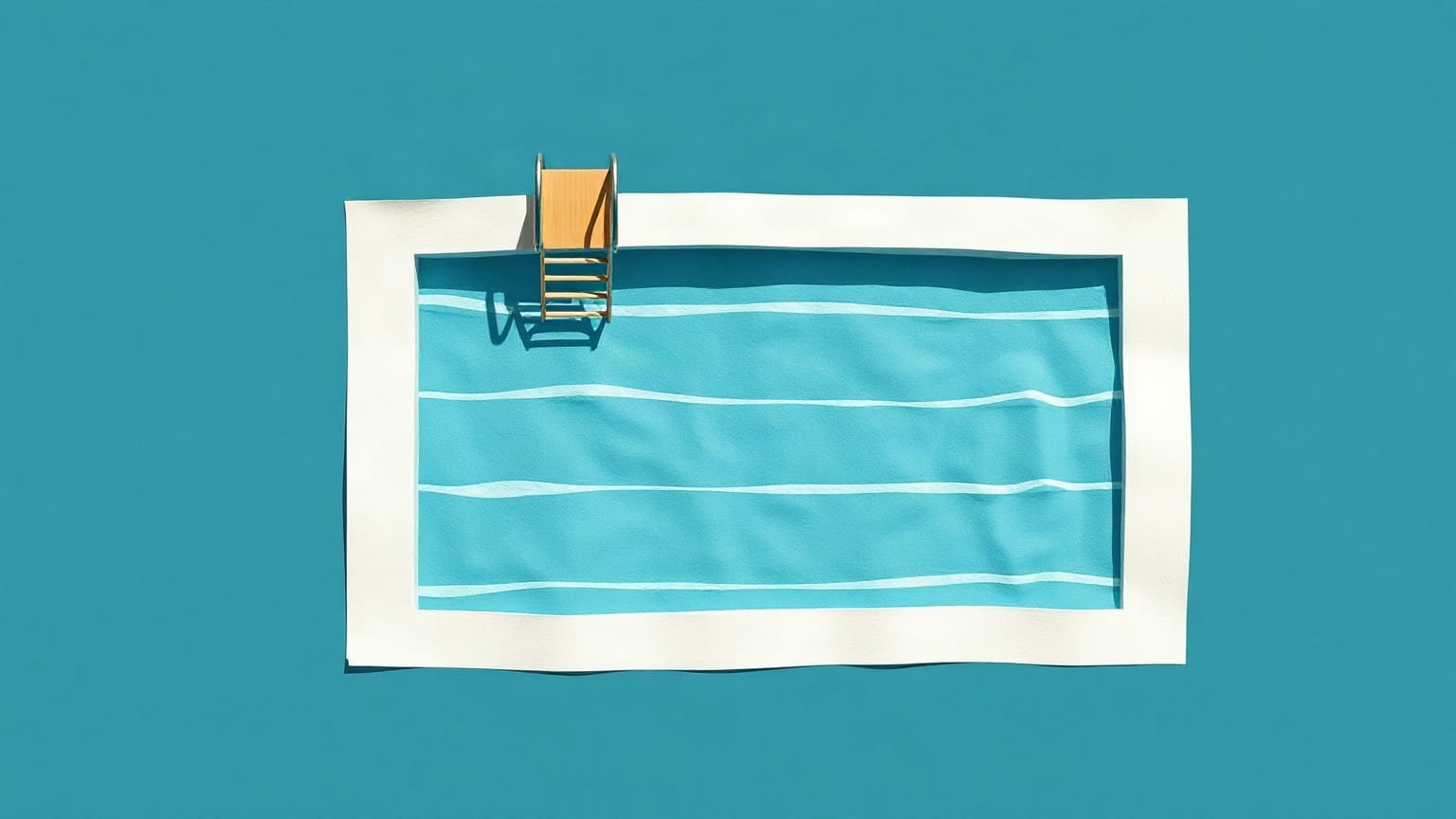 Cut-paper illustration: a rectangular pool of layered blue strips with a ladder and a diving board.